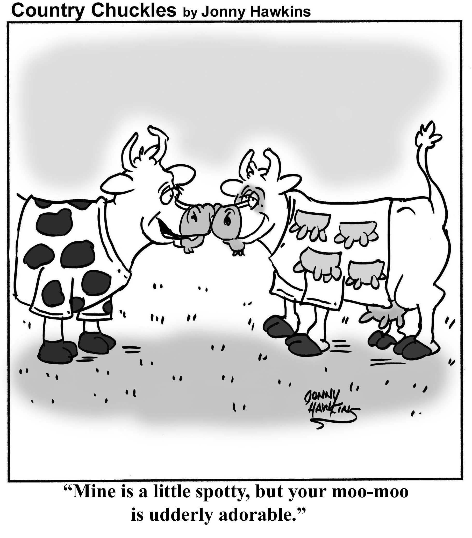 Hawkins cartoon "Mine is a little spotty, but your moo-moo is udderly adorable."