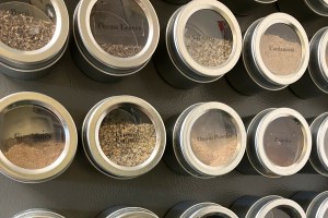 A spice rack organization system with labels.