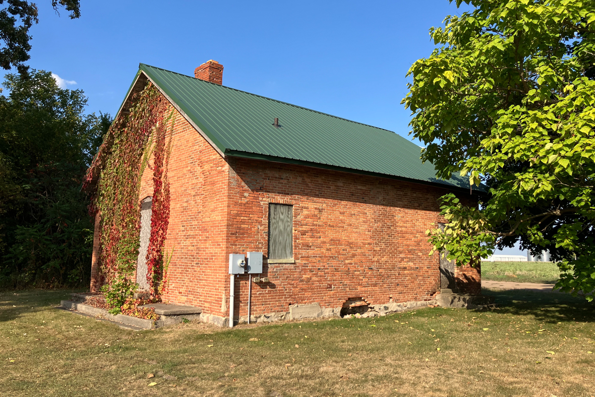 A brick building with vines creeping up on its sides.