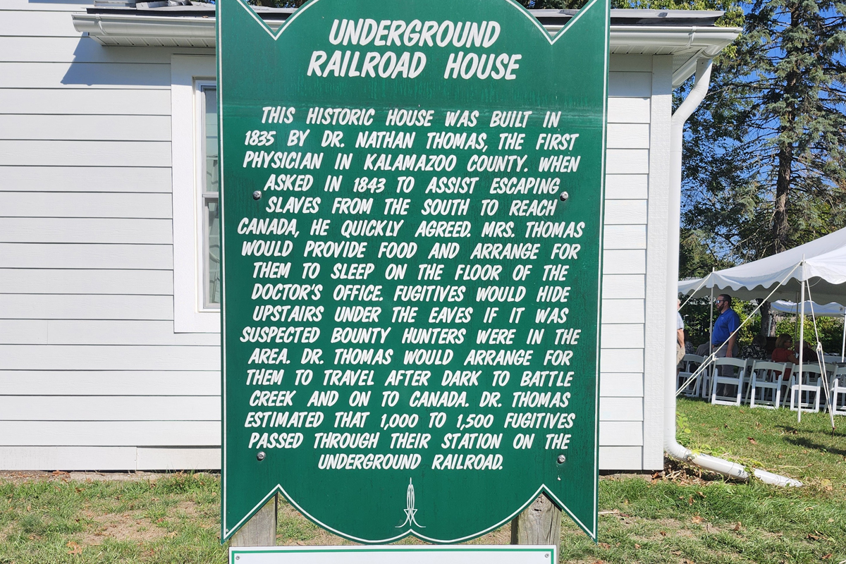 aseniormoment_undergroundrailroadhouse A historic marker sign in front of the Dr. Nathan Thomas Underground Railroad House in Schoolcraft.