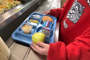 A person in a red sweatshirt holds a plastic lunch tray.