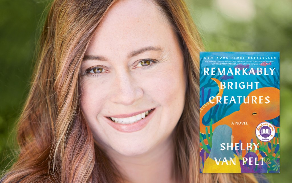 A photo of an author, Shelby Van Pelt, next to her book, Remarkably Bright Creatures.