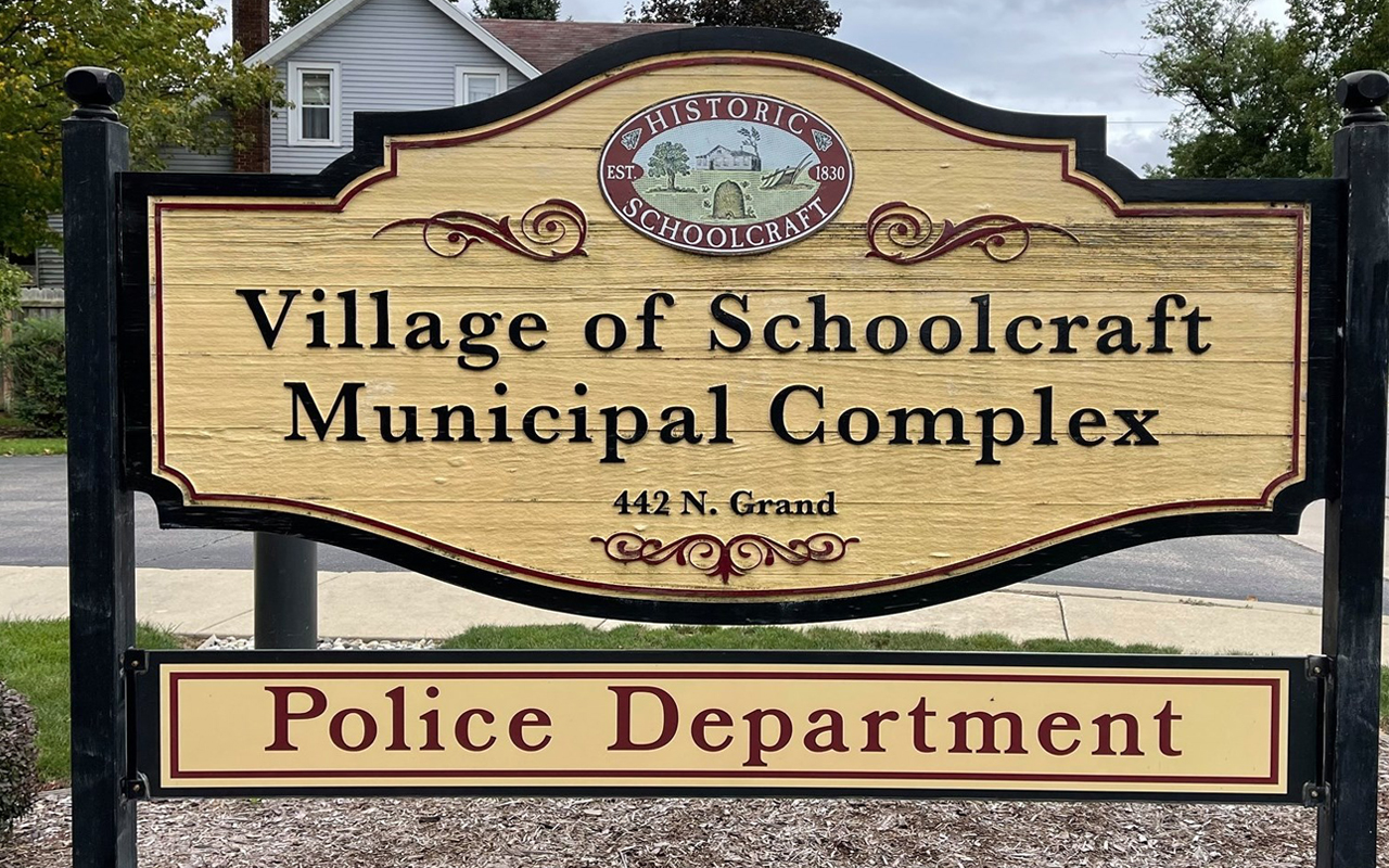 The sign in front of the Schoolcraft village council building.