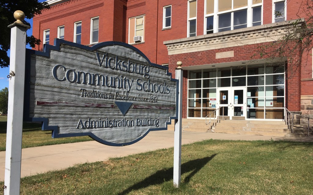 A sign outside the Vicksburg Community Schools admin building.