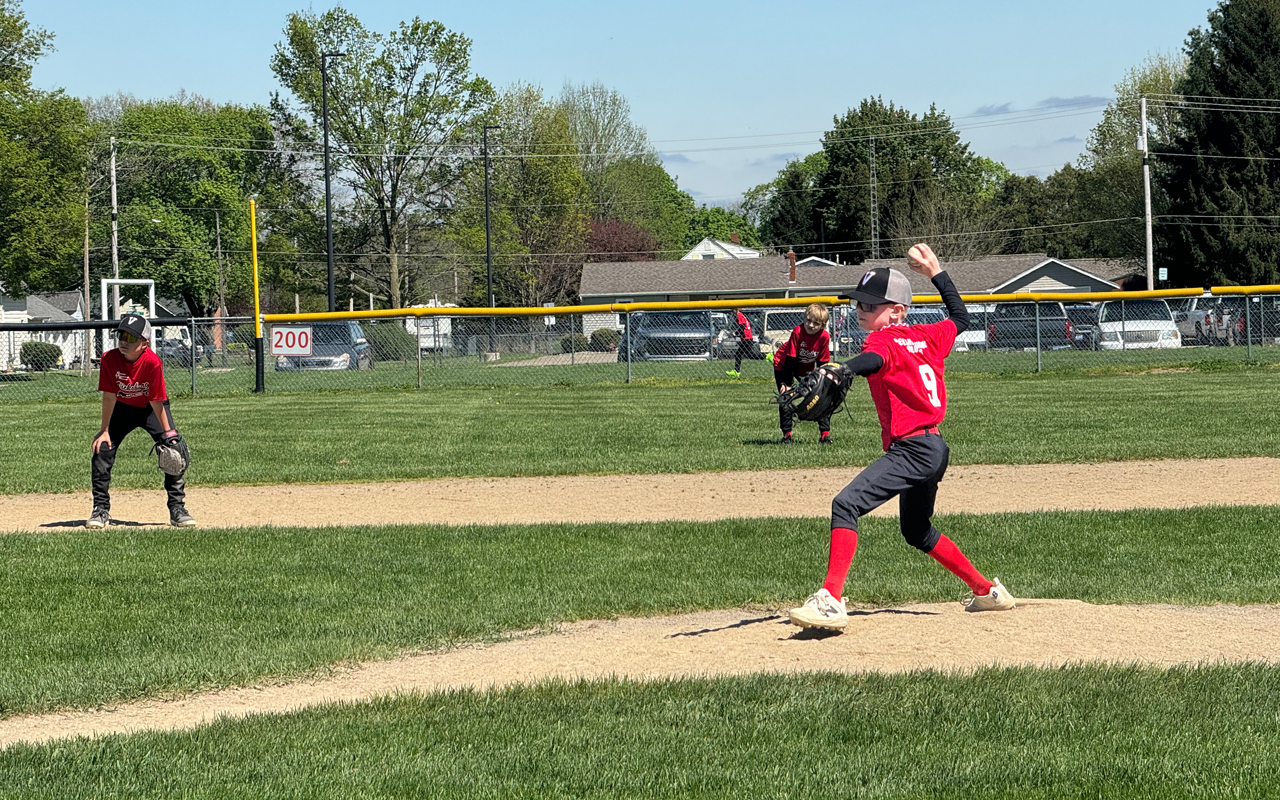 littleleague_cover A young pitcher winds up his throw at a little league game.