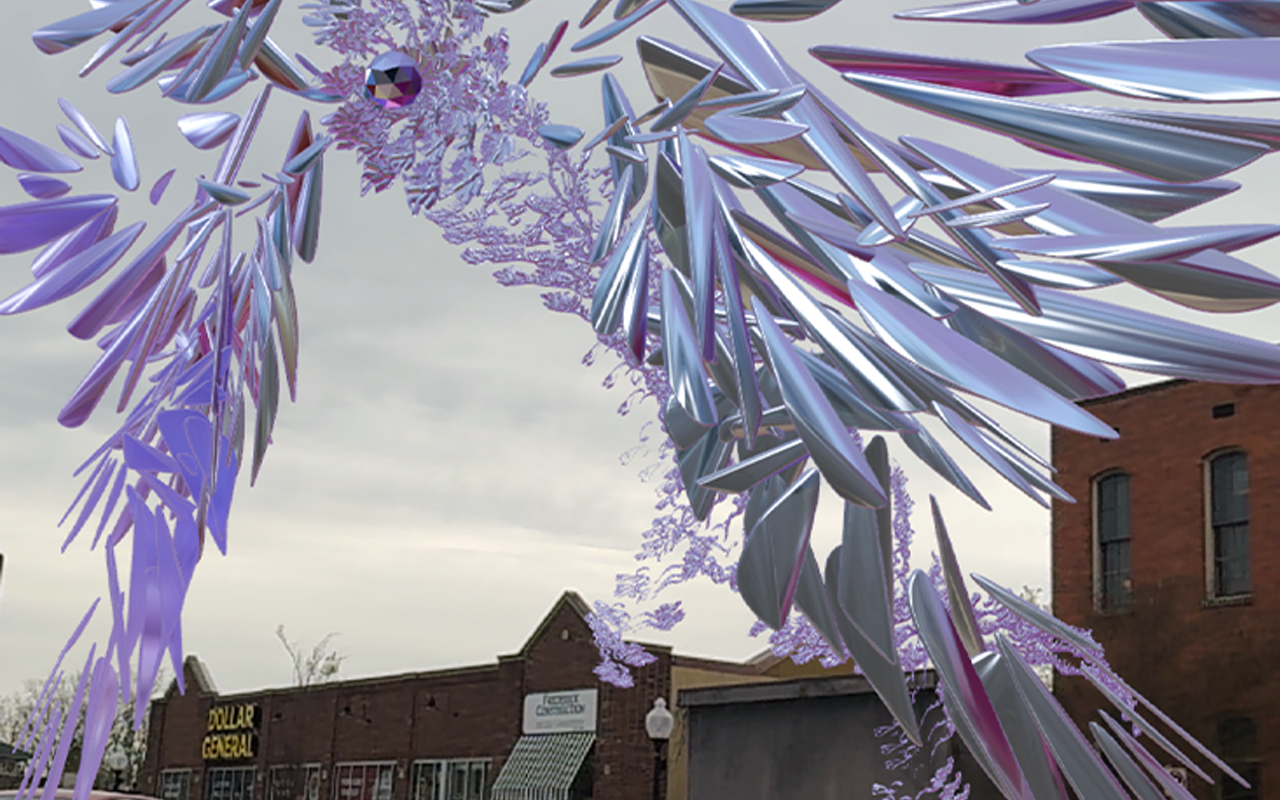 A crystal-like computer image overlayed on top of downtown Vicksburg.
