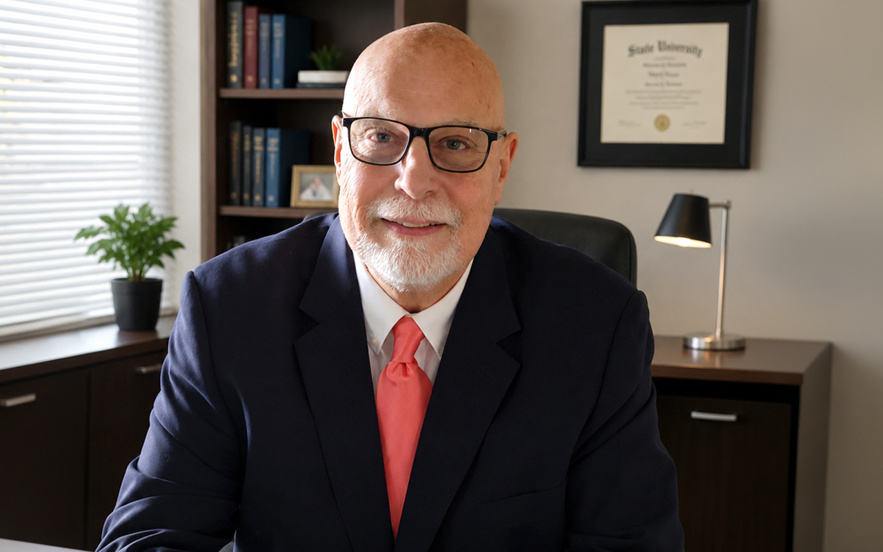 A man in a suit and a red necktie with glasses and a white beard sits in an office.