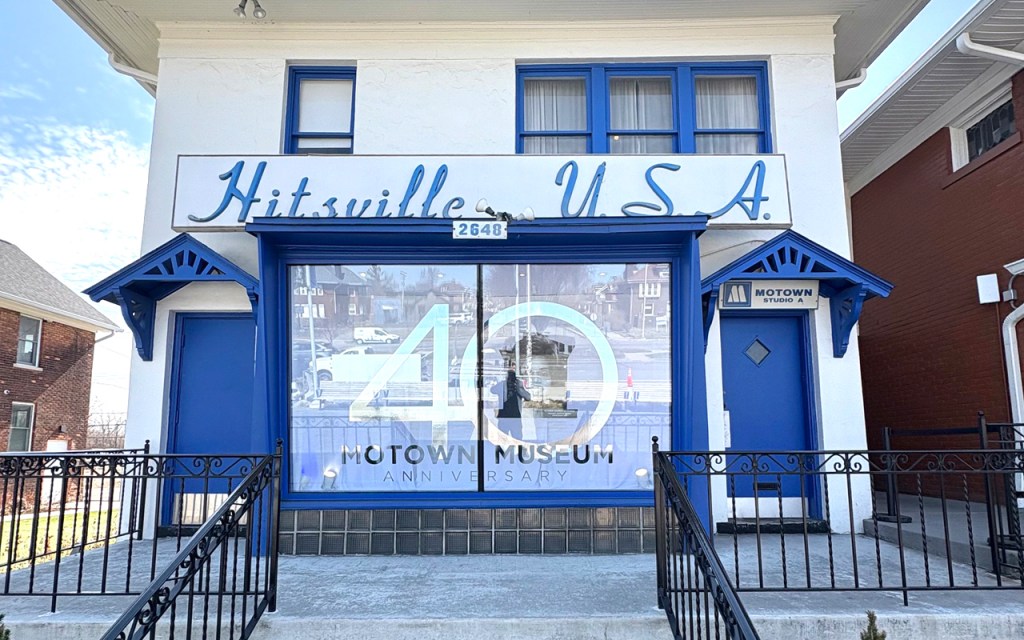 A glimpse of the Motown Museum, labeled Hitsville USA in blue letters.