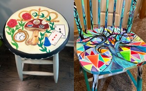 A stool and a chair that have been reimagined as art pieces by Vicksburg students.