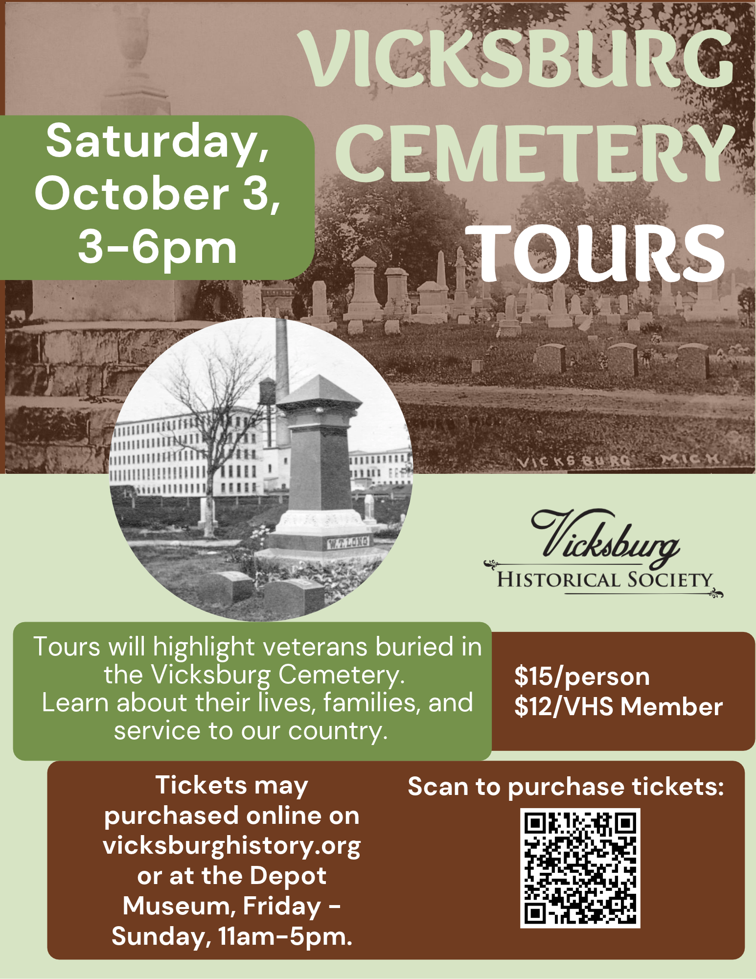 Vicksburg Cemetery Tours, October 3, 3-6 pm.