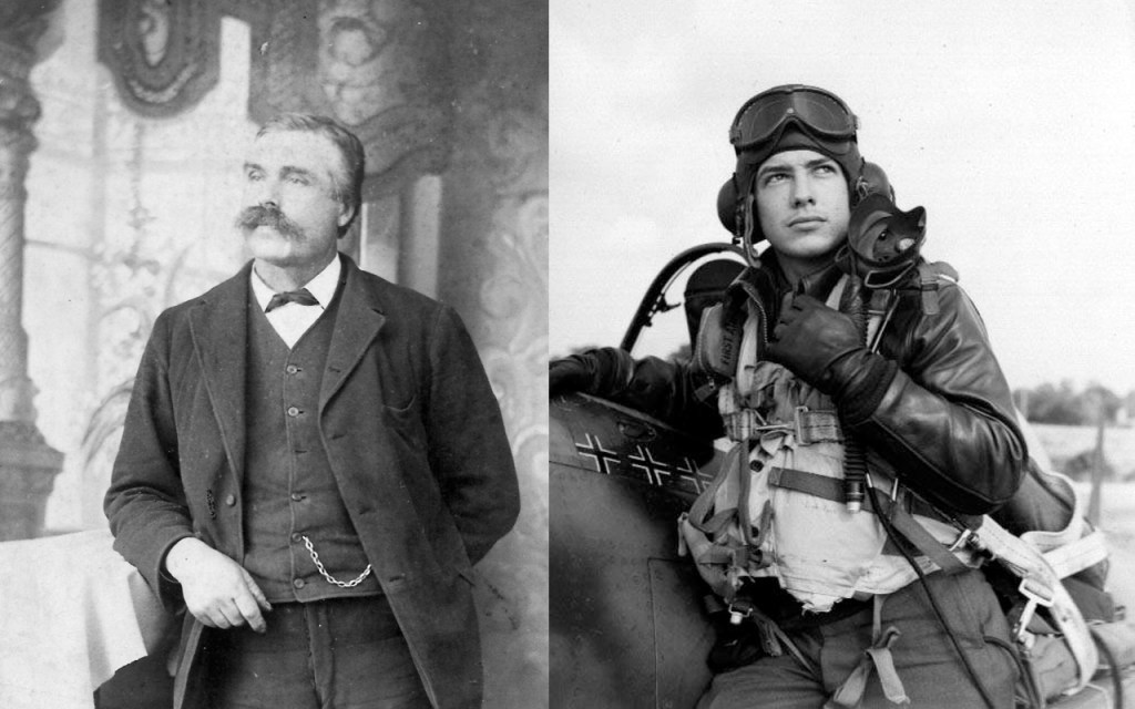 Two side by side historical portraits, one of a man in a suit and another of a pilot.