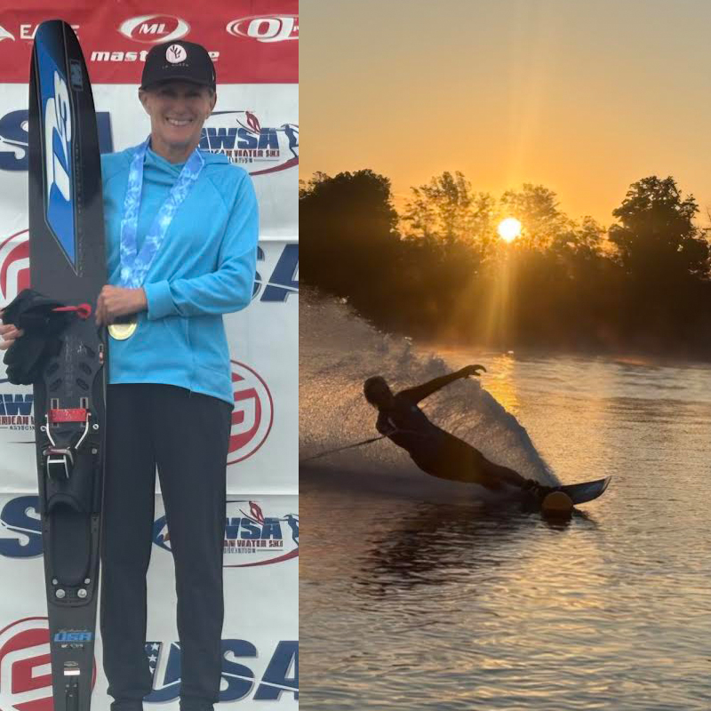 A photo of a blue-shirted person wearing a gold medal and another of a silhouette skiing on a lake at sunrise.
