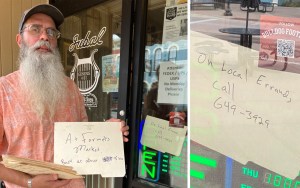 A man with a long beard and glasses holds a handwritten sign that reads, "At Farmers' Market, back at about 5:00."