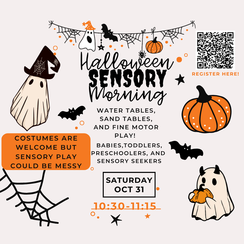 A Halloween-themed sensory morning for ages 0-6 at Schoolcraft Community Library. Costumes welcome.