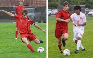 Two photos of red-uniformed soccer players chasing the ball down the field.